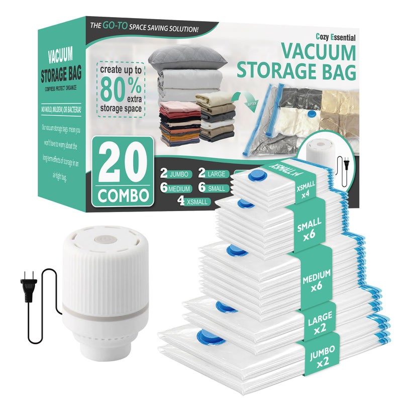 Cozy Essential 20 Pack Vacuum Storage Bags with Electric Pump  Vacuum Seal Space Saver Bags for Clothing  Pillows  Blanket  Bedding  Comforters - Image 1